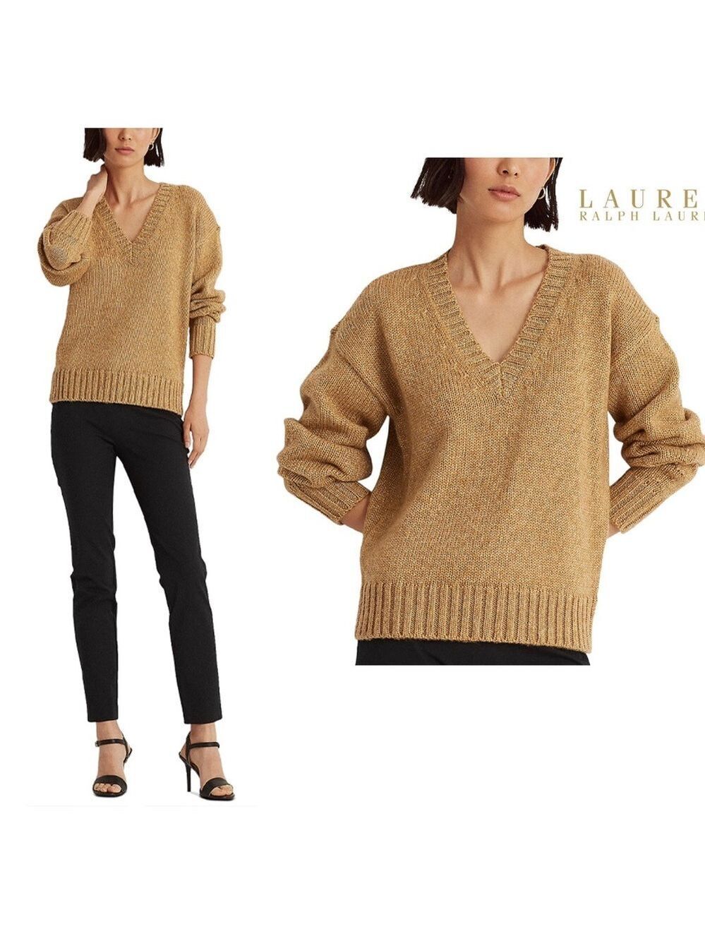 Lauren Ralph Lauren gold metallic V-neck sweater Sz L